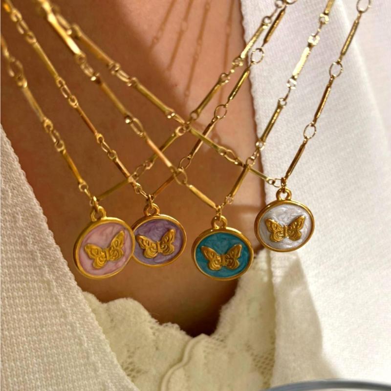 Stainless Steel Butterfly Necklace Colorful Enamel Detailing Dainty Chain for Everyday Wear or Special Occasions