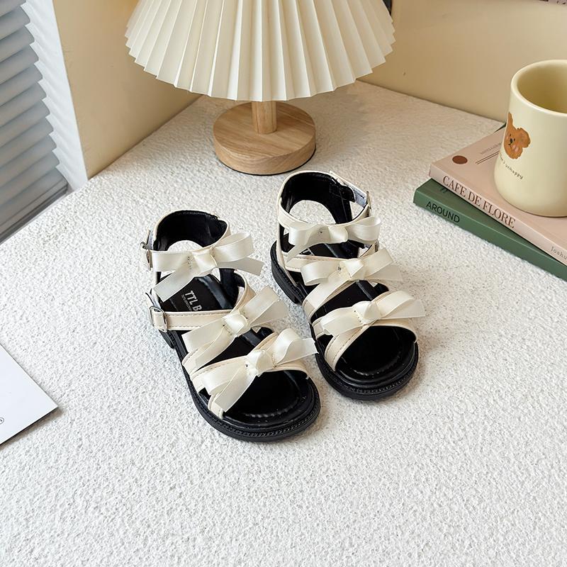 

Girls Princess Shoes Sweet Ribbon Bows Kids Beach Shoes Double Hook&loop 2025 Summer New Children Sandals Soft Sole Non-slip 26 бежевый