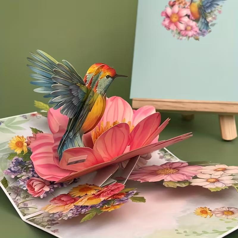 

1-Piece Pop-Up 3D Greeting Card With Envelope, Featuring Floral And Kingfisher Designs, Cartoon Theme. A