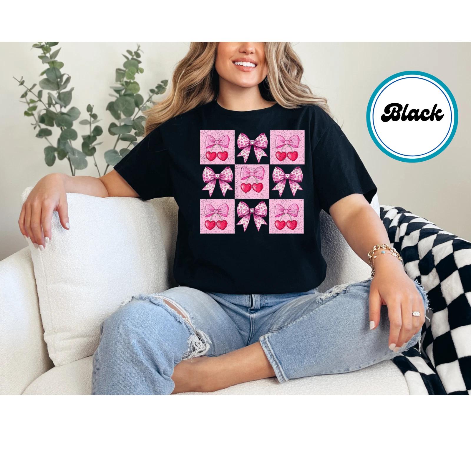Pink Bow Heart T-Shirt Cute Women s Valentine s Day Top, Love Gift Tee Idea XL