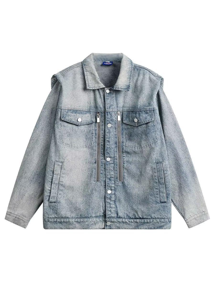 

Ji American Retro Washed Denim Jacket Men s And Women s Trendy Brand Niche Shoulder Padded Design Универсальное пальто Tide 3XL синий