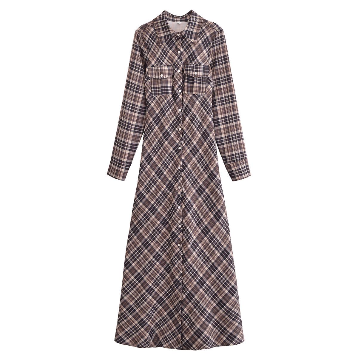 

2024 Autumn Women s Plaid Long Sleeve Dress with Pockets and Turn-Down Collar in European and American Style XS