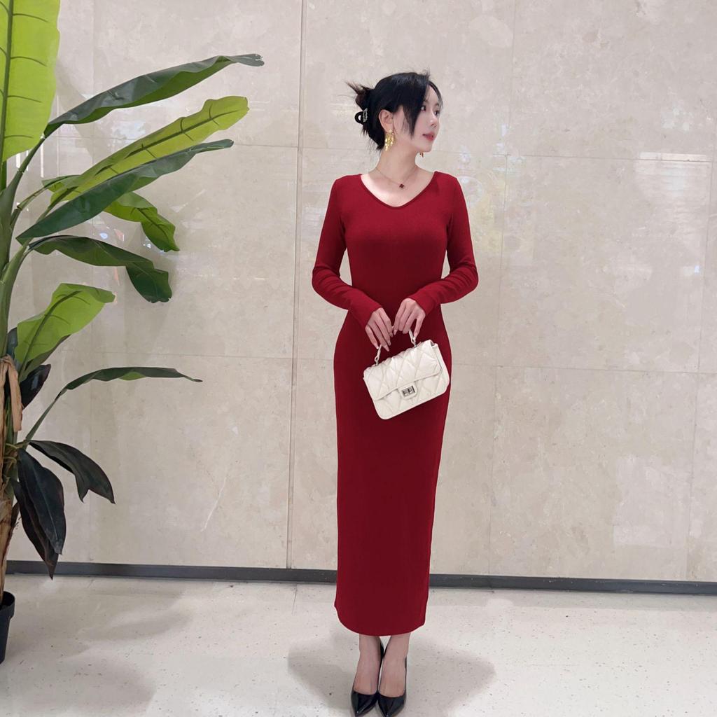 Velvet Warm Solid Color Elegant Slimming Socialite Dress