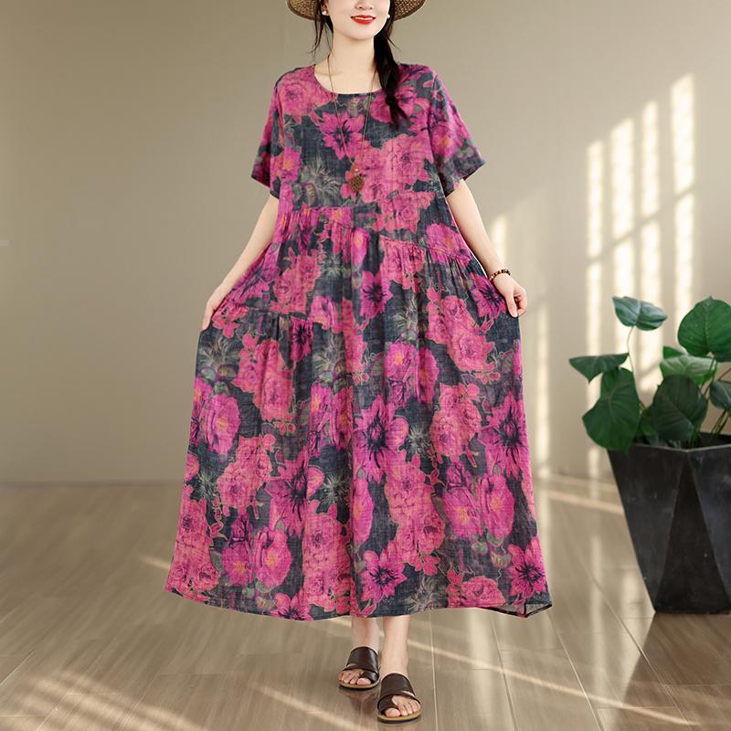 DIMANAF New 2026 Sundress Women Plus Size Summer Casual Print Long Dress Oversize Cotton Loose Maxi Floral Beach Holiday