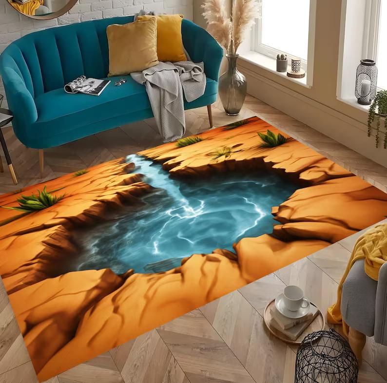 3D Cave Water Pool Abyss Design Rug NonSlip Machine Washable Carpet Fashion Bedroom Living Room Beach Style Floor Mat Home Decor