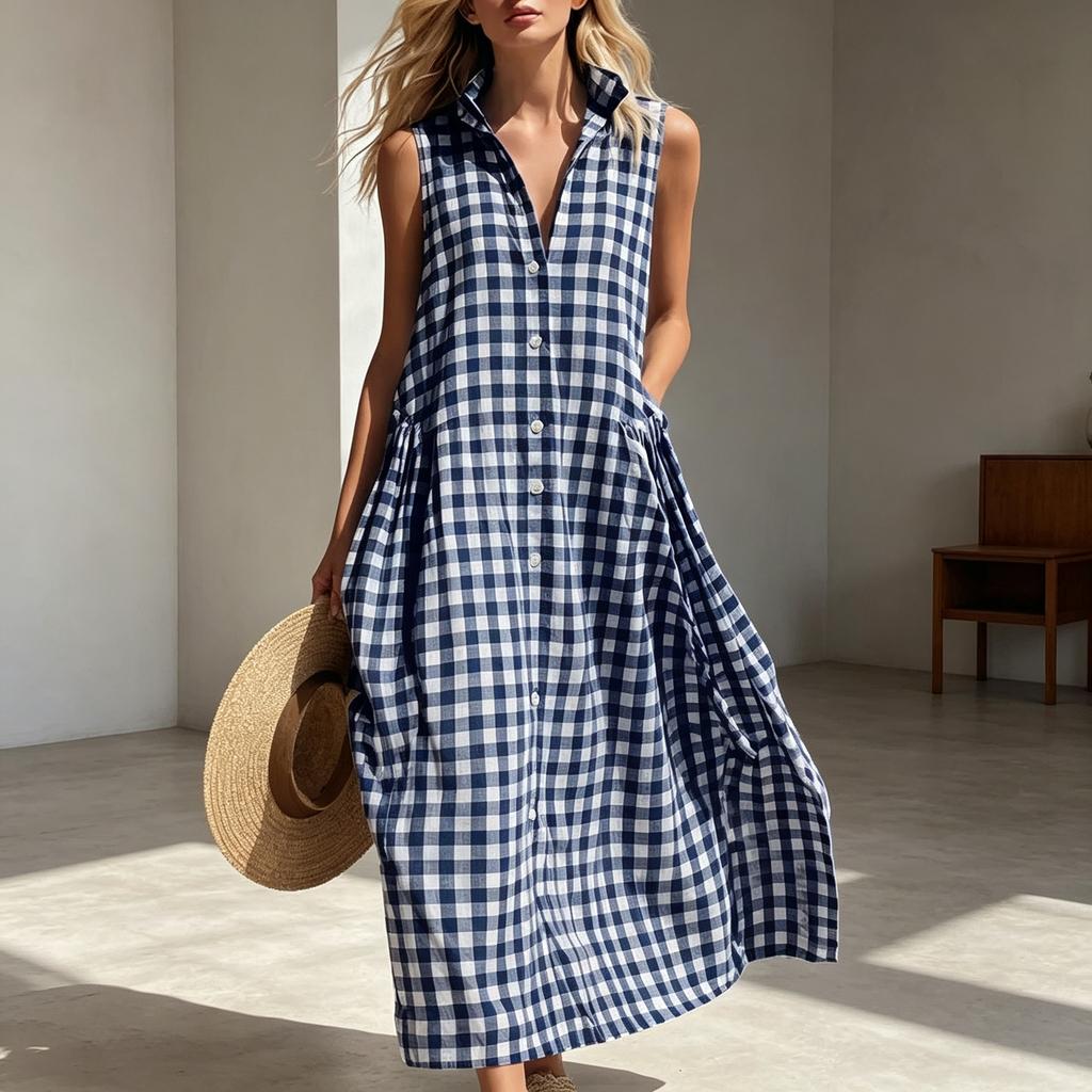 2026 European and American Summer New Dress Loose, Comfortable, Sleeveless Plaid Women's Wear