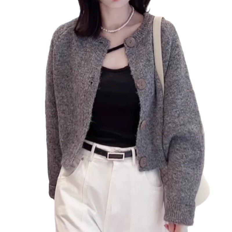 Women's Fluffy Knit French Cardigan: Short Round Neck, Loose Fit, New for Autumn/Winter 2026