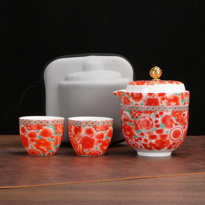 Enamel-painted Portable Tea Set, Ceramic Guest Cup Teaware, Ceramic Teapot and Teacup, Portable Outdoor Tea Set
