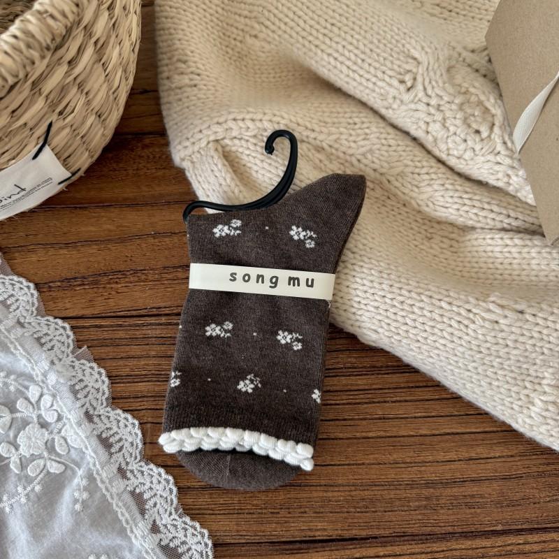 Retro Boneless Socks, Women's Mid-calf Socks, Autumn and Winter Women's Socks, Girls' Bow, Coffee-colored Pile Socks