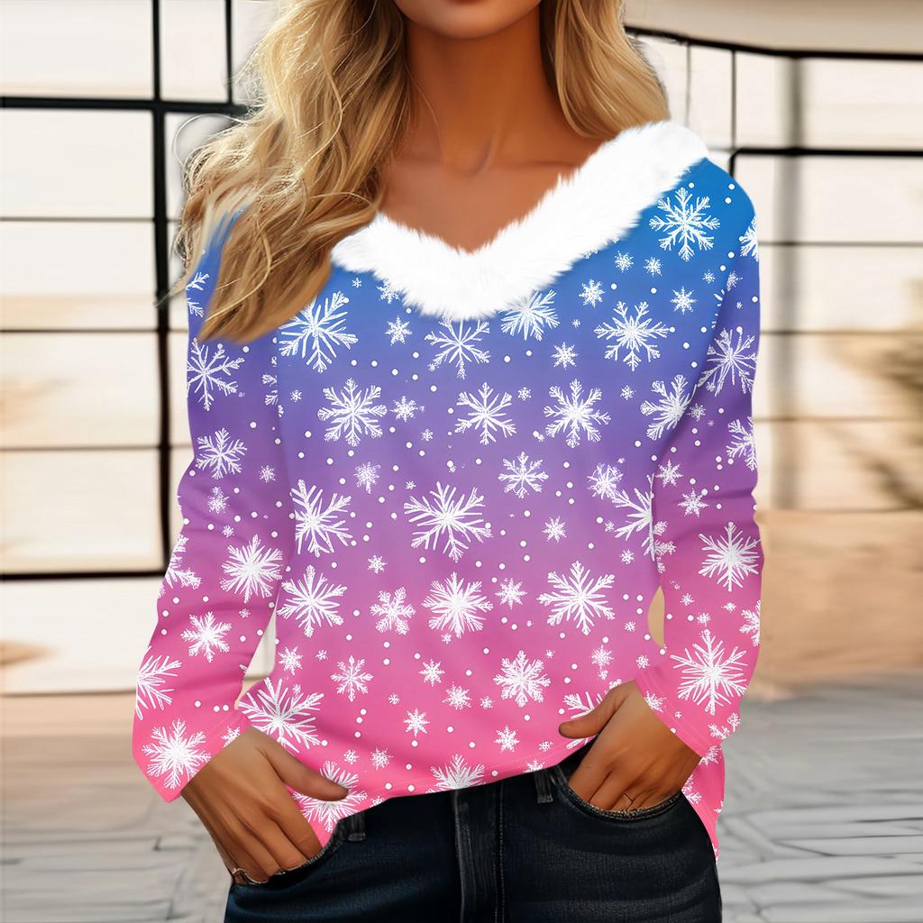 Damen T-Shirt mit Weihnachtsaufdruck, langärmelig, Party, Weihnachten, Fleecekragen, V-Ausschnitt