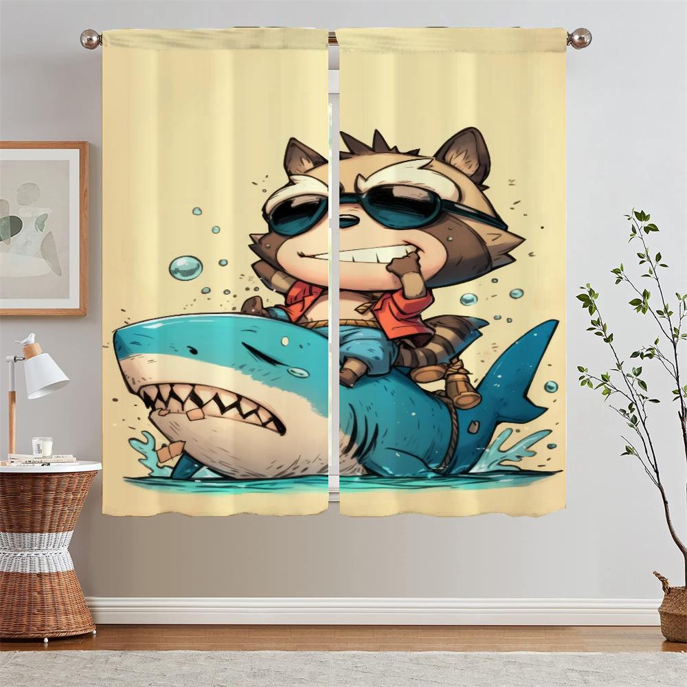Sea Raccoon Youth Room Curtains for Living Room Fabric Curtain Tiebacks Blinds Bedroom Blackout Curtains 2 Pcs Set Curls Blind