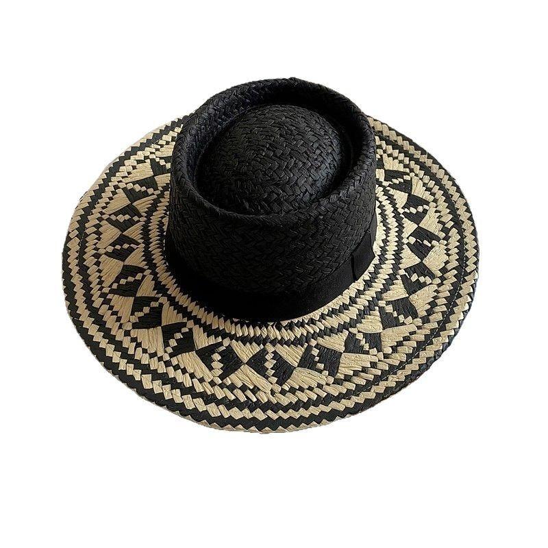 Ethnic Style Wide Brim Straw Hat For Sun Protection Beach Vacation Summer Travel