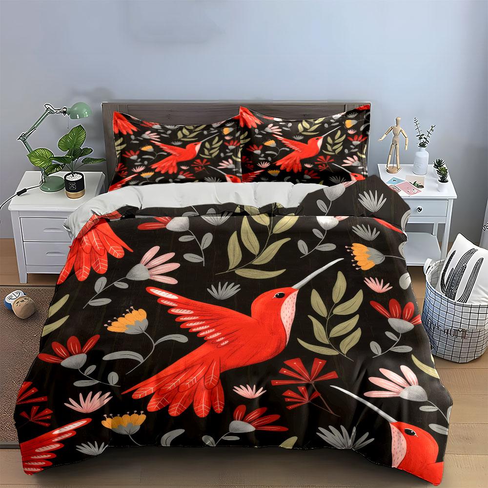 Hummingbird Floral Home Decor Soft Comfortable Duvet Cover Bedding Set Included 1*Duvet Cover & 2*Pillowcases, Gift