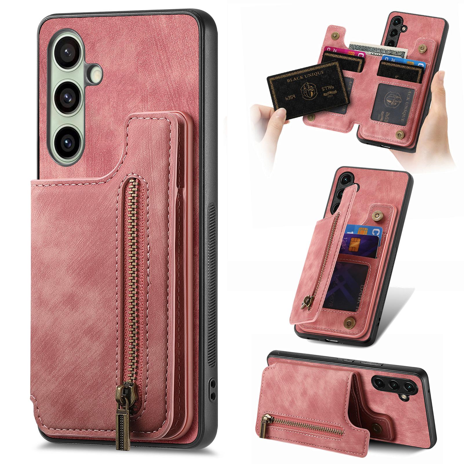 

For Samsung Galaxy S25+ Case with Zipper Card Holder Retro Leather TPU Phone Cover Pink