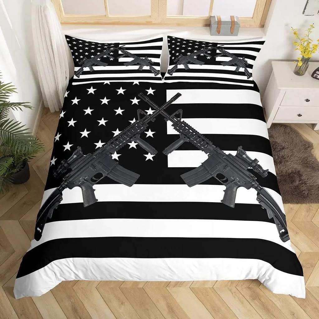 American Flag Duvet Cover Machine Gun Design Queen King Polyester Quilt USA Federations Stars Stripe Bedding Set