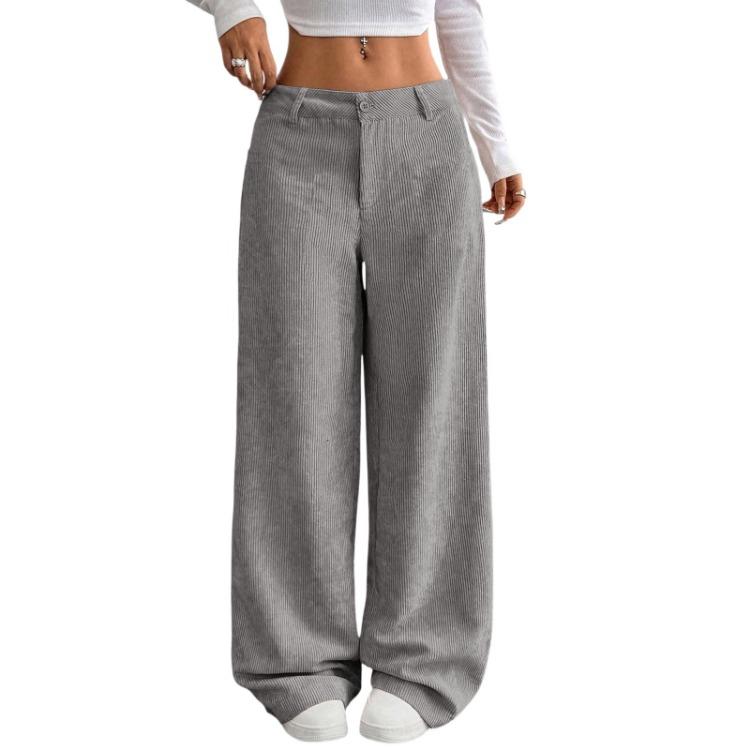 Pantaloni a Coste da Donna Larghi Comodi Casual Vita Elastica Gamba Dritta Con Tasche