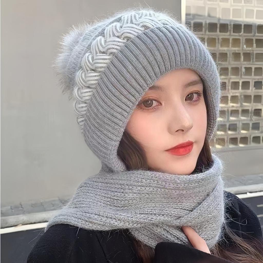 Women Knit Hat Winter Warm Fleece Lined Ear Neck Cover Windproof Scarf Integrated Beanie for Cold Weather Outdoor Activities