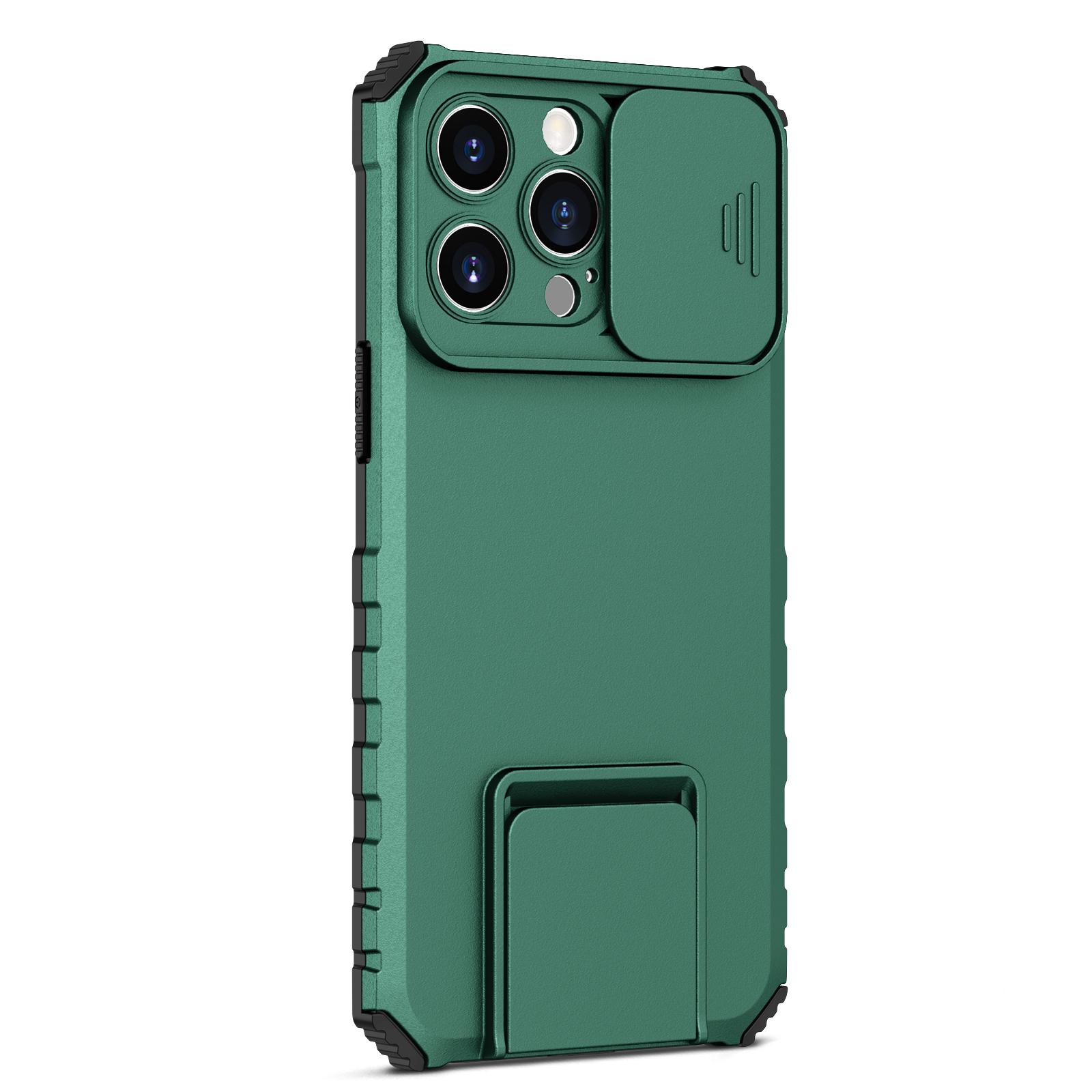 

For iPhone 15 Pro Max Slide Camera Lid PC+TPU Phone Case Anti-drop Kickstand Back Cover Blackish Green