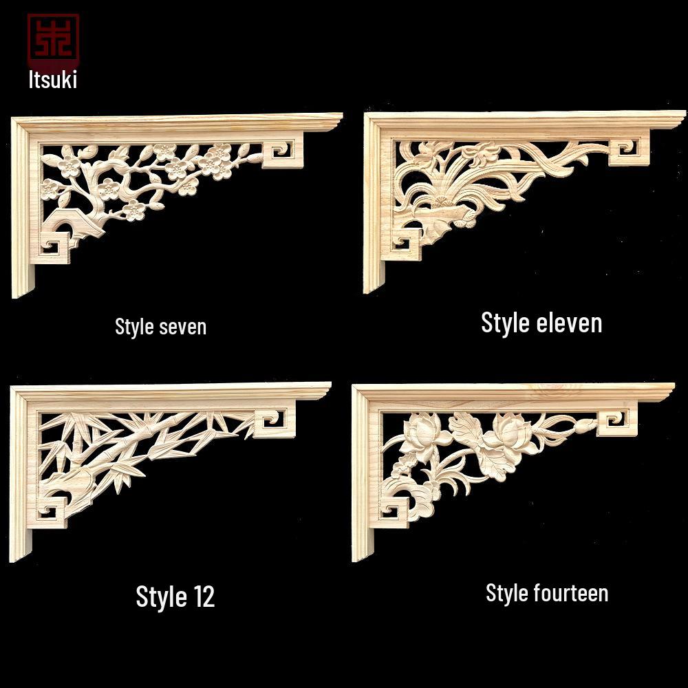 Double-Sided Carved Solid Wood Lintel: New Chinese Antique Corner Decoration for Background Walls