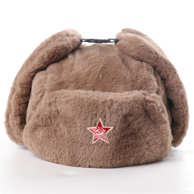 Warm Winter Military Style Earflap Hat Men Women With Embroidered Soviet Emblem Faux Fur Lined Outdoor Cap