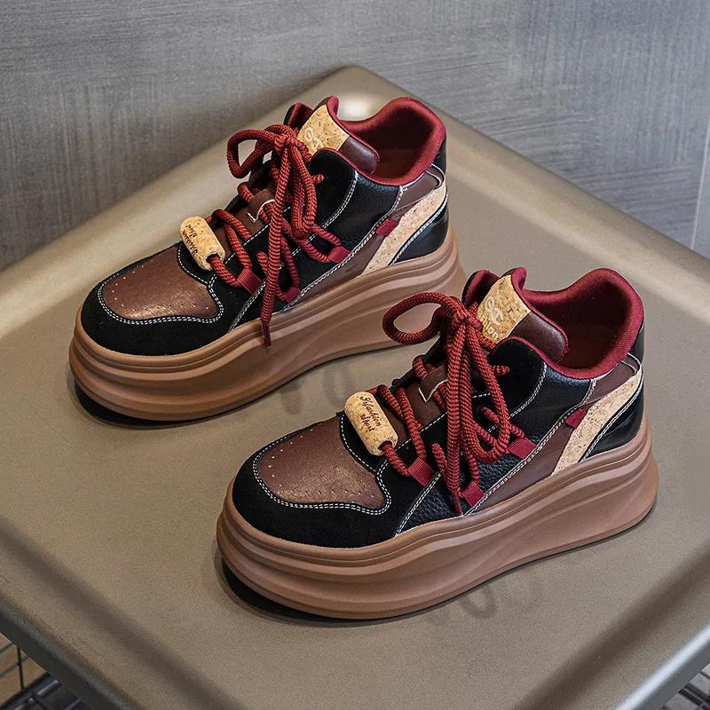 7CM Genuine Leather Platform Wedge Fashion Women Spring Comfy New Autumn Winter Chunky Sneakers Vulcanize Shoes Skateboard Shoes