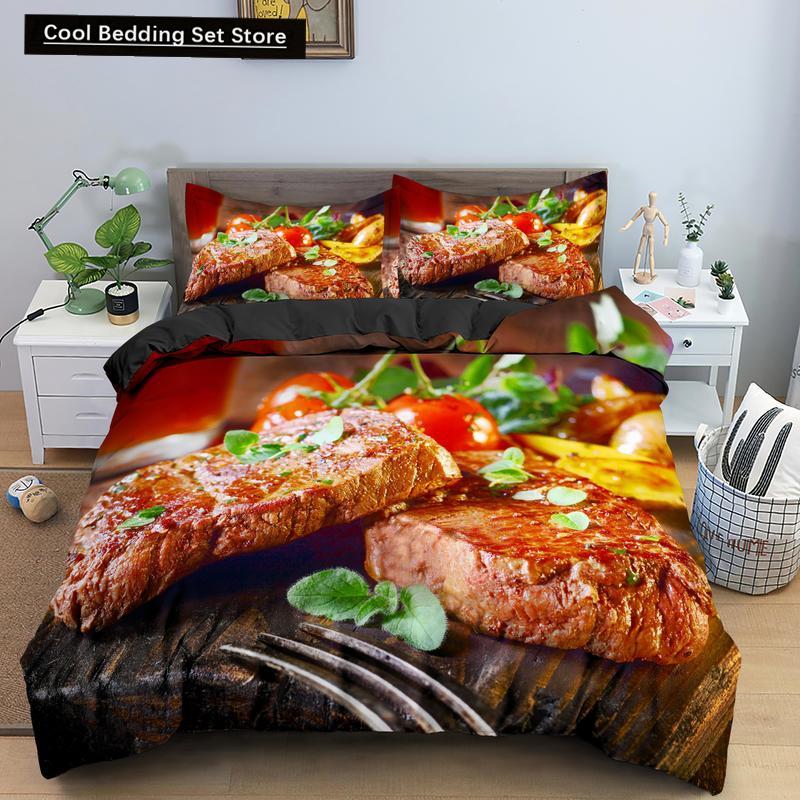 Essen Rindfleisch Bettwäsche Set 3D Frisches Fleisch Bettbezug King/Queen Größe Köstliche Meeresfrüchte Sashimi Hähnchenschenkel Steak Realistischer Bettdeckenbezug