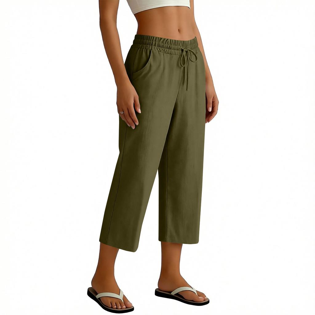 Women Casual Loose Fit Wide Leg Cropped Pants with Elastic Waist Drawstring and Side Pockets Cotton Linen Trousers