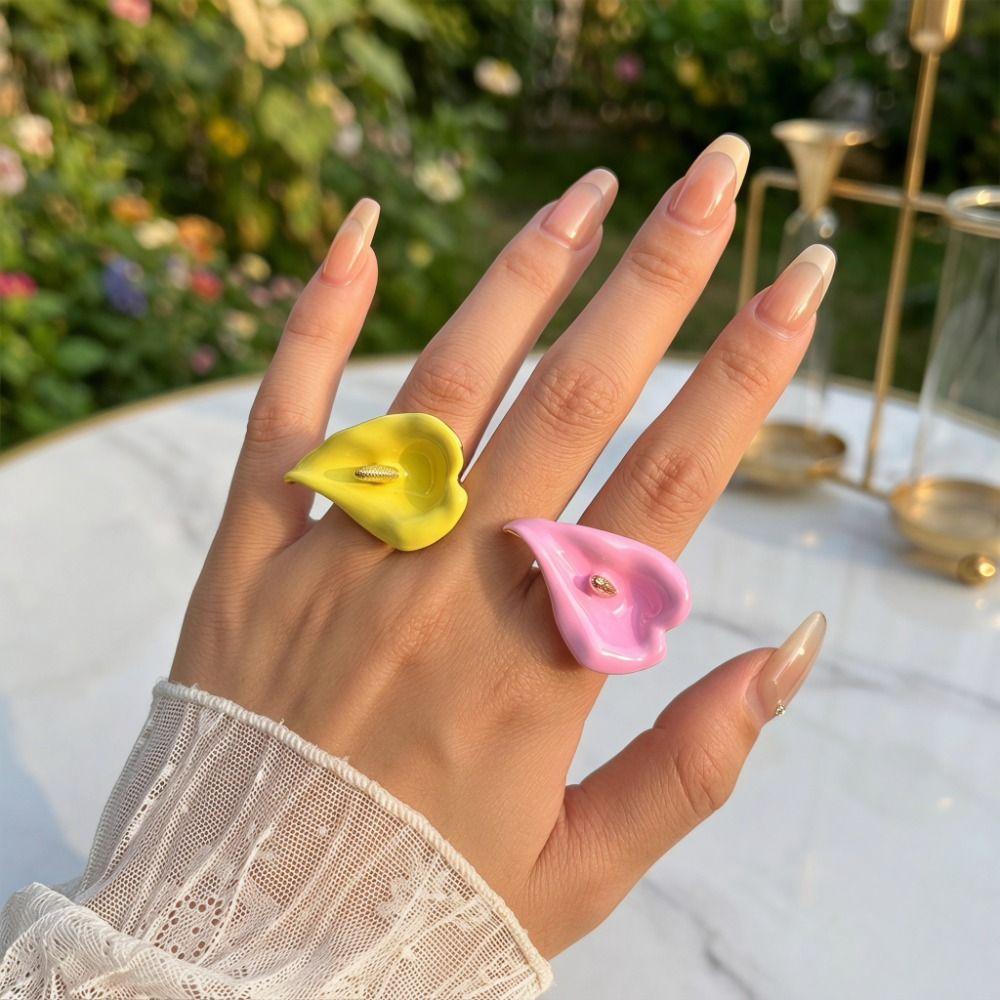 Elegant Adjustable Enamel Calla Flower Ring Metal Colorful Geometric Open Ring Opening Minimalist Vintage Ring Women