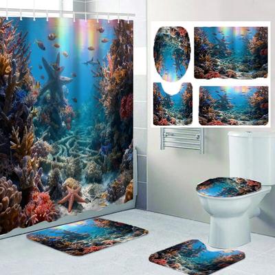 1/4 Marine Organisms Print Shower Curtains, Toilet Seat Decoration, Shower Curtain with Carpet and Toilet Lid, 70.8x70.8 Inch
