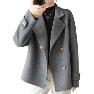 Women Jacket Lapel Solid Color Double-breasted Woolen Coat Short Type Loose Thermal Long Sleeved