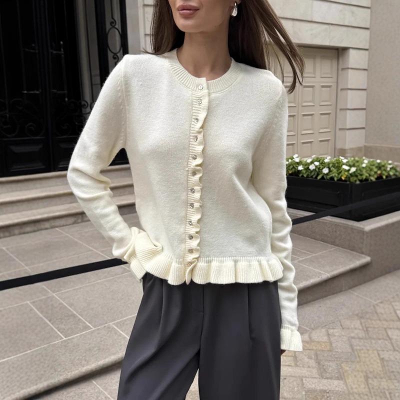 Women S Long Sleeve Ruffled Knit Cardigan Solid Color Casual Sweater