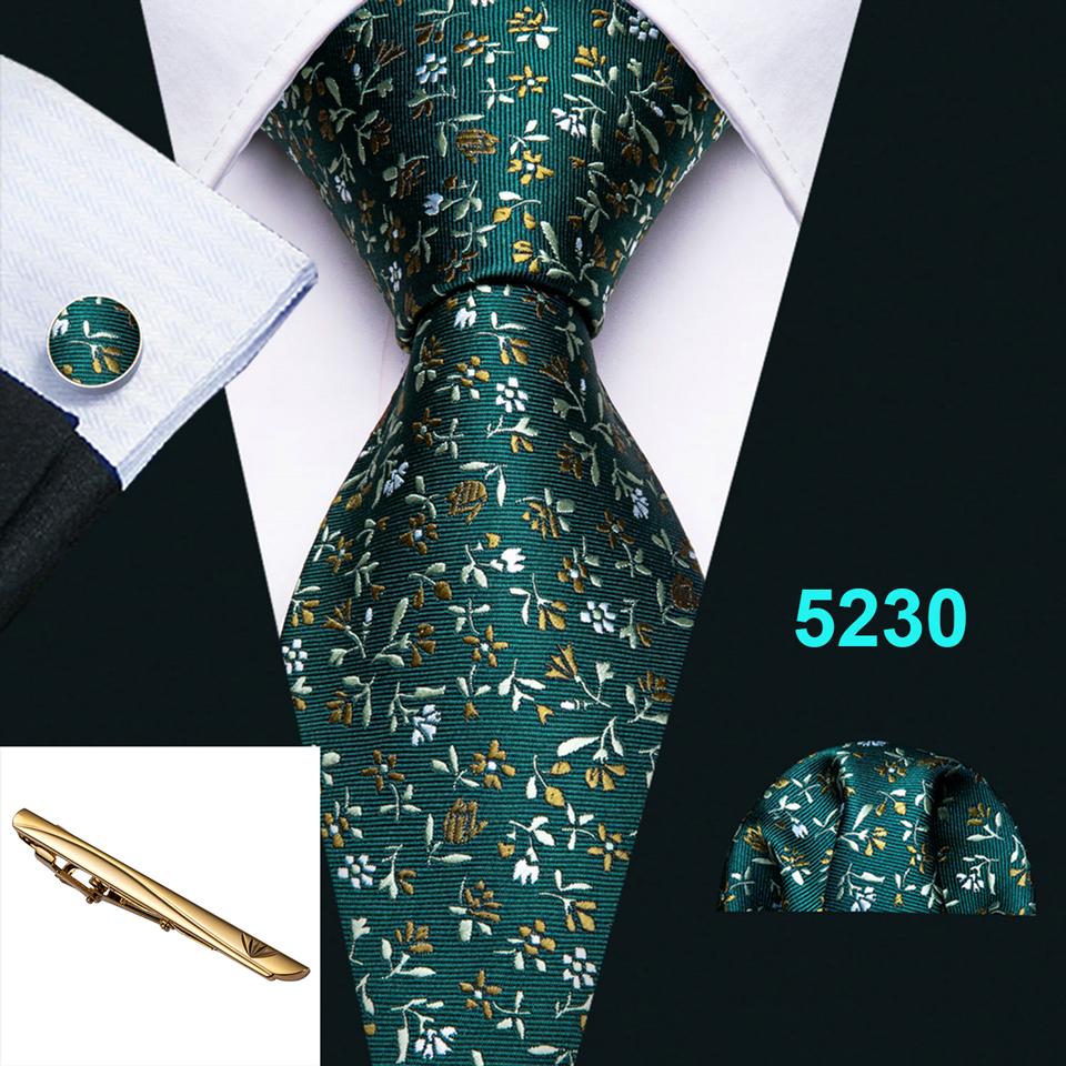 Barry.Wang Green Ties for Men Novelty Dinosaur Silk Necktie Hanky Cufflinks Gold Tie Clip Set