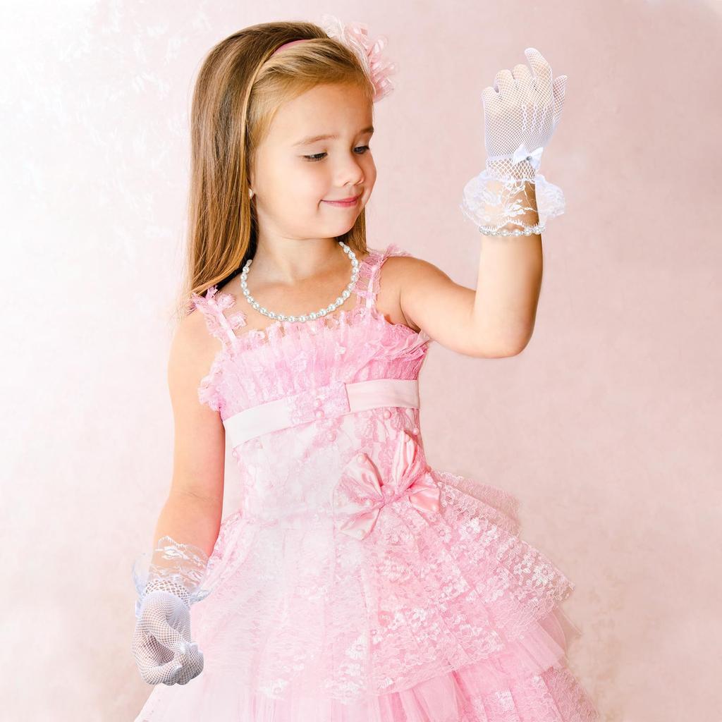 Four - Piece Children's Pearl Necklace Set with Lace Gloves and Crystal Pendant for Banquet