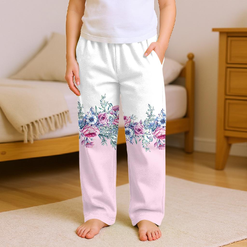 Fashionable Children's Versatile Retro Floral Print Pocket Casual Pants