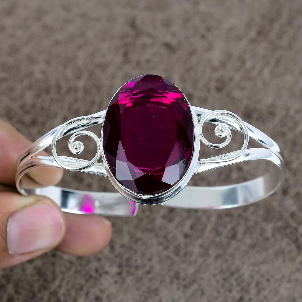 Pink Amethyst Gemstone Handmade 925 Sterling Silver Cuff Bangle Adjustable KKG-228