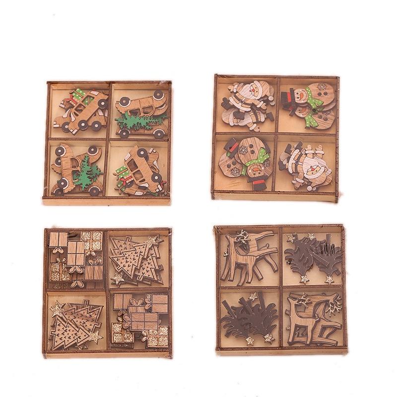 12pcs Christmas Decorations DIY Wood Craft Santa Elk Car Xmas Gift Christmas Tree Pendant New Year Home Decor