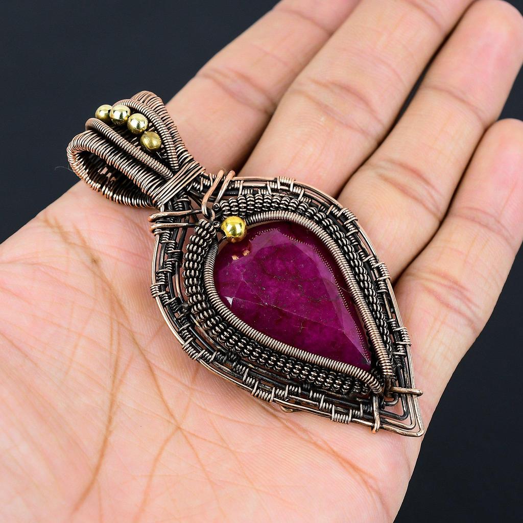 Ruby Pendant Gemstone Jewelry, 999 Copper Wire Wrapped Handmade Pendant, Latest Design Jewelry