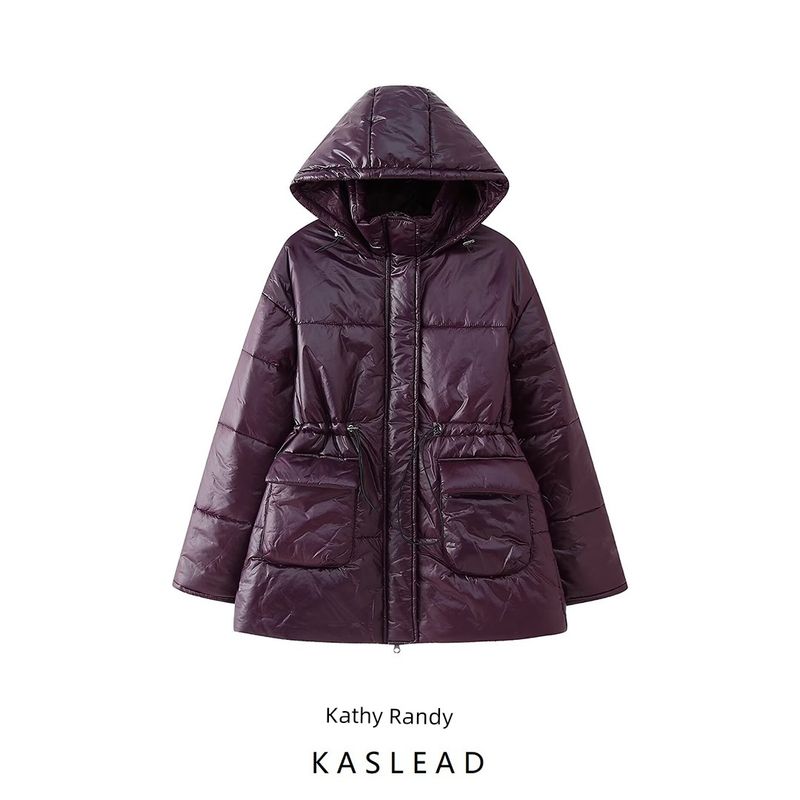 Kaslead New Women Clothes Western Style Fashion Simple and Versatile Waist Hugging Solid Zip-up Hood Cotton-padded Jacket