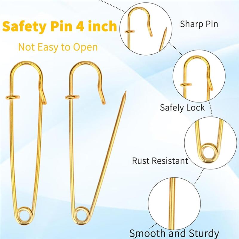 A34R 15Pcs Large Safety Pins Heavy Duty For Blankets Steel Safety Pins Heavy Duty 4" Steel Safety Pins For Clothes Gold