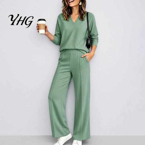 Wide Leg Trousers Women Sweatshirt Pants 2-Piece Set, V-Neck Long Sleeve Top & Fabric Fitness Clothing with Elastic Waist, Solid Color Matching Lounge
