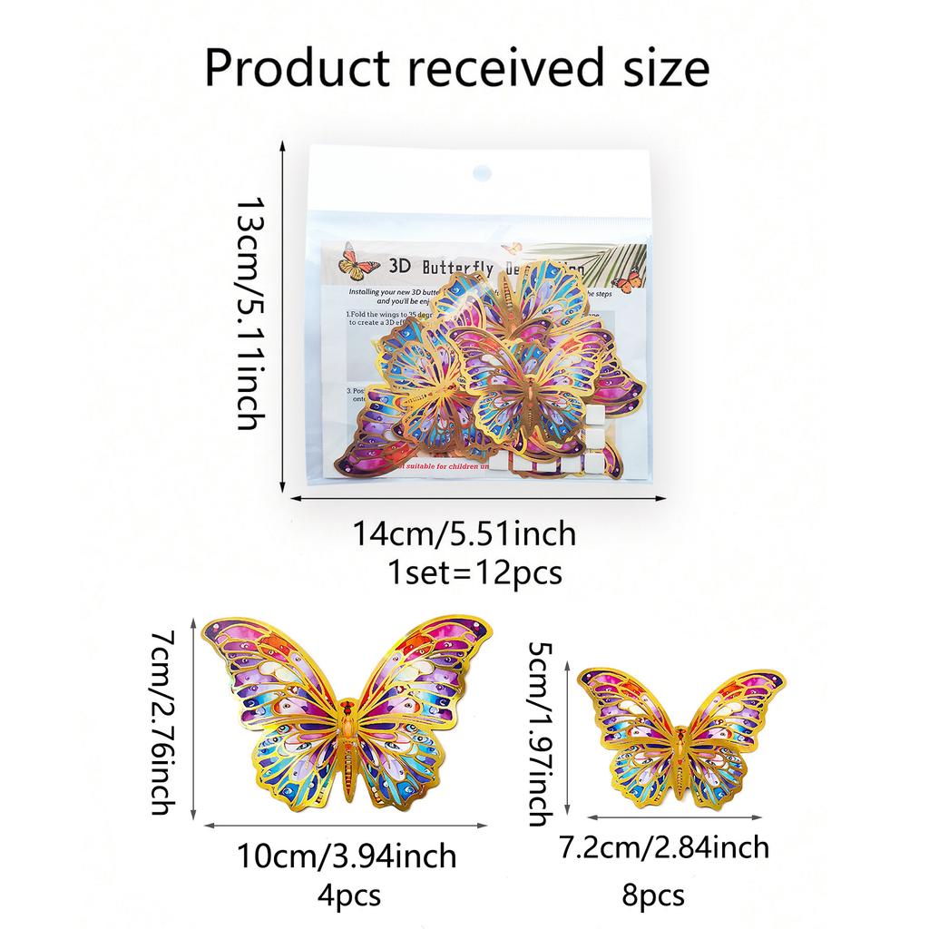A Set of 12 Gold Edged Hot Stamping 3D Butterfly Wall Stickers, Wedding, Holiday, Birthday Decoration Background Wall Stickers