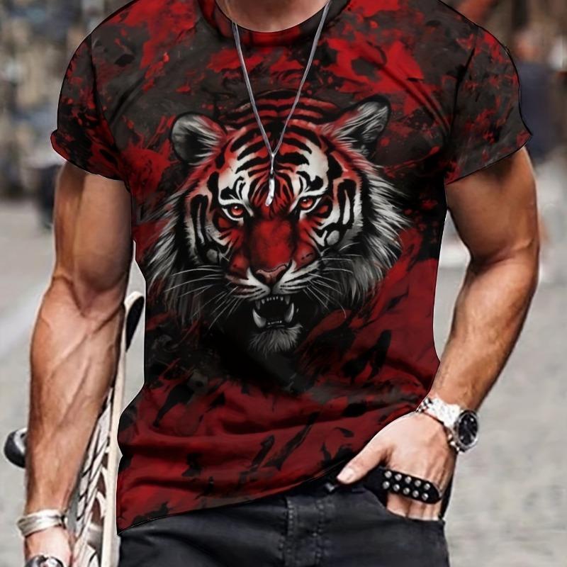 Summer men's 3D lion and tiger pattern T-shirt, casual micro elastic breathable T-shirt, suitable for outdoor jogging wear