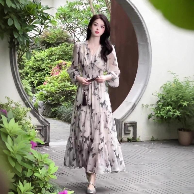 Spring Autumn V-neck Butterfly Printing Temperament Dress Ladies Long Sleeve Elegant Fashion Casual Robe Vestidos