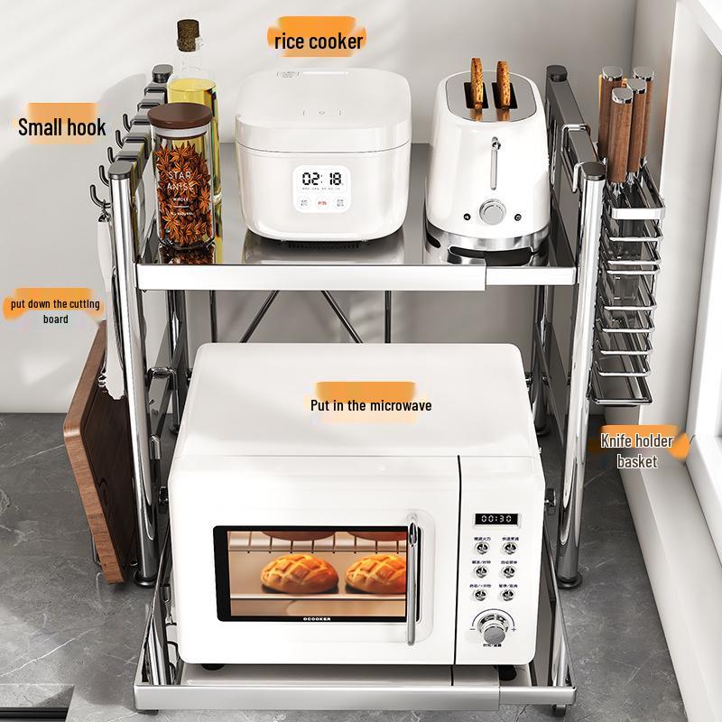Adjustable Pull-out Microwave Oven Rack – Multi-functional Stainless Steel Shelf for Kitchen Countertop Cookware Storage