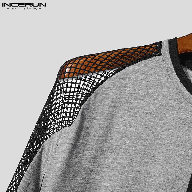 INCERUN Bărbați Gât Rotund Mânecă Lungă Plasă Patchwork Vezi Prin Tricouri Maiouri