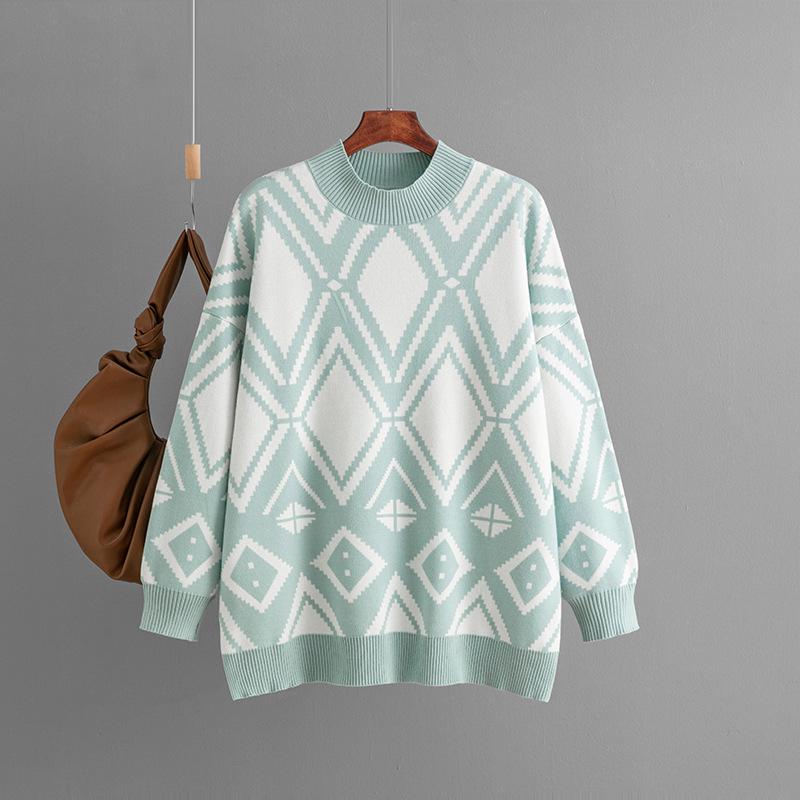 2023 Autumn/Winter Women's Geometric Jacquard Round Neck Sweater - Loose Fit, Medium-Long Knit Top
