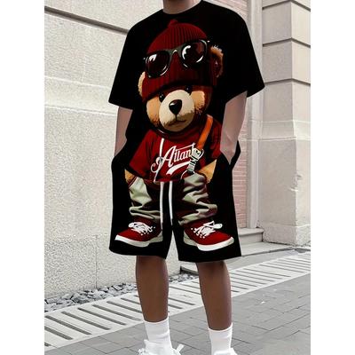 Summer Men's Features Retro Teddy Bear Printed Round-neck T-shirt Shorts Loose Breathable Large Size Short Sleeved Sport Wear
