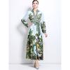 Frühling Herbst Damen Vintage Print Tiefer V-Ausschnitt Langarm Einreiher Lang Maxi Urlaub Strandkleider