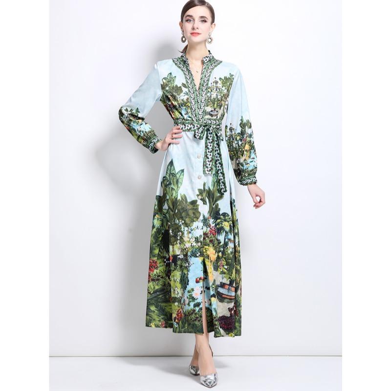 Jaro Podzim Dámské Vintage Potisk Hluboký Výstřih do V Dlouhý Rukáv Jednořadé Dlouhé Maxi Dovolená Plážové Šaty