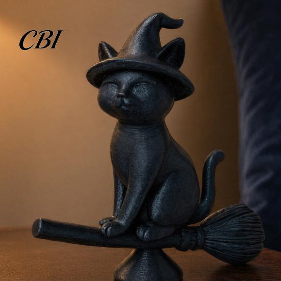 Exquisite Cat Collectible Witch Figurine, Black Riding Broom Statue, 3D Printed Ornament Ornament, Desktop Decoration for Home Office Decor Mysterious
